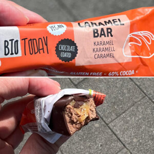 BioToday caramel bar die lijkt op een vegan versie van Mars.
